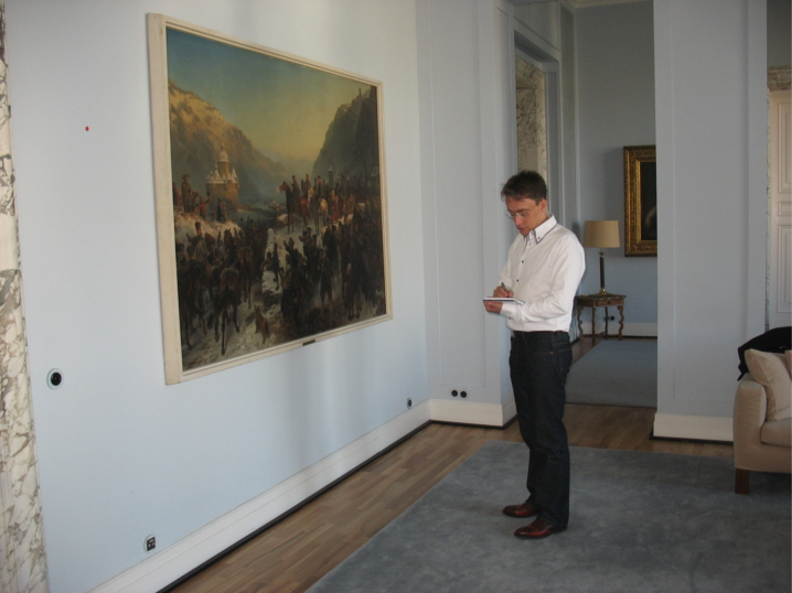 Wilhelm Camphausens Gem&auml;lde "Bl&uuml;chers Rhein&uuml;bergang bei Kaub" in der Parlamentarischen Gesellschaft im Berliner Regierungsviertel.